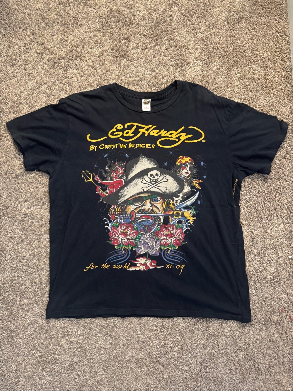 Rare Ed Hardy Black T-shirt with Yellow, Red, Blue and White Graphic 2004